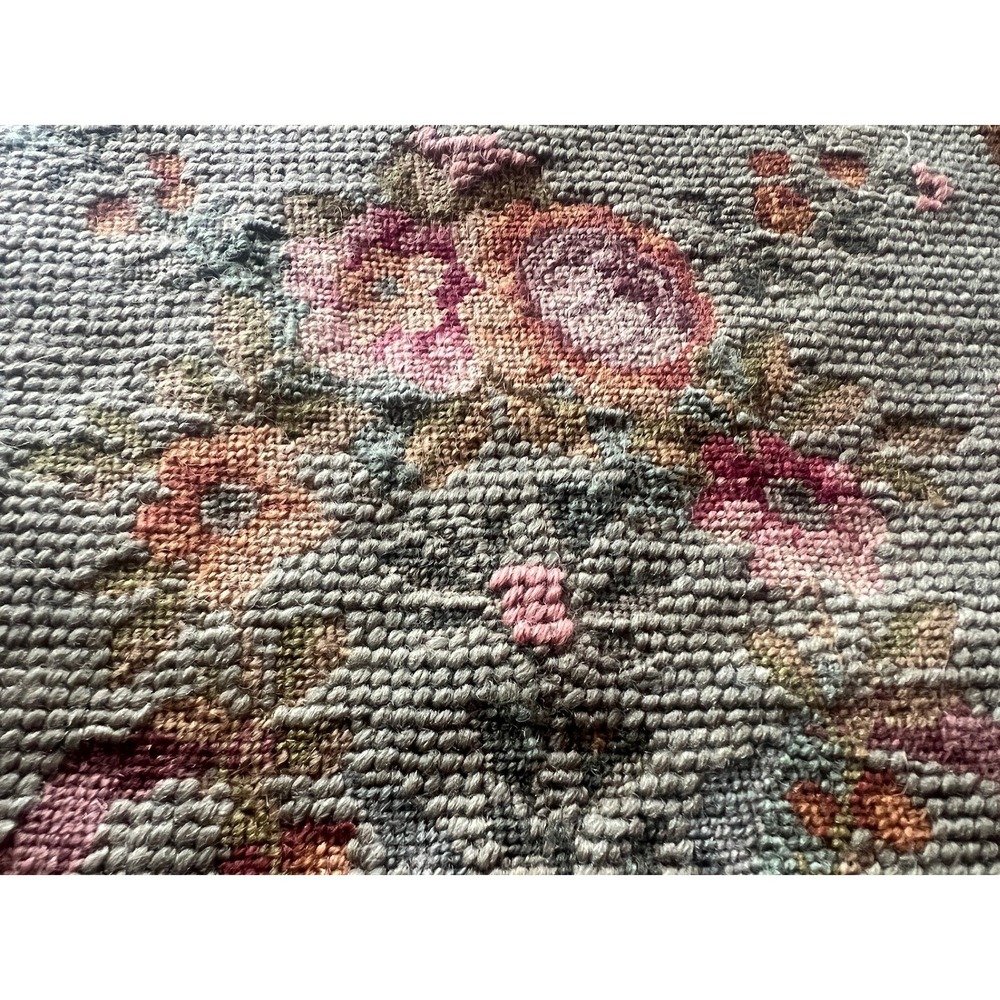 Antique Needlepoint Floral Panel 18x18 Sage Green Pink Victorian Scrollwork